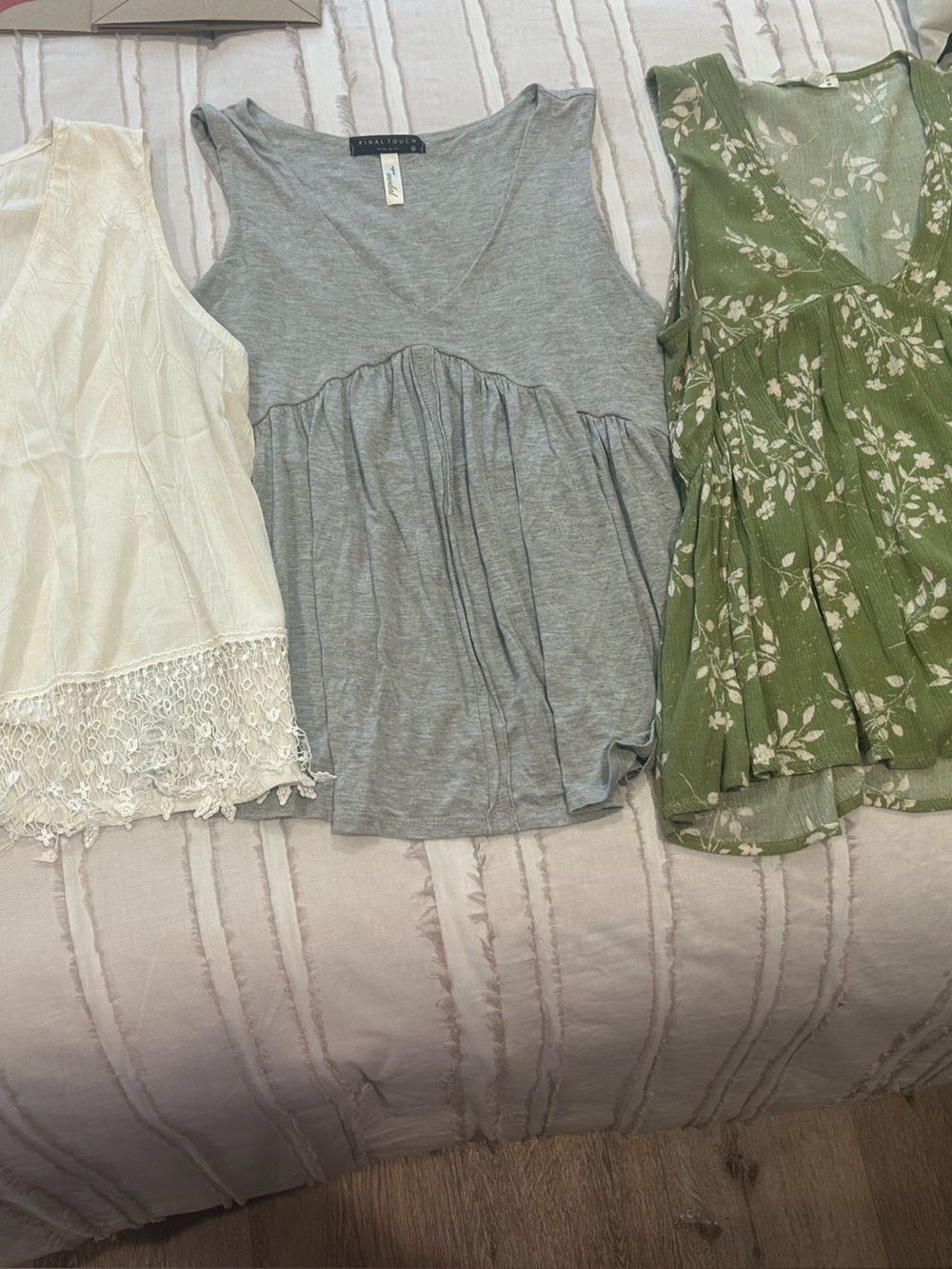 Wrapper Women's Cream Lace Tank, Heather Gray Gathered Top & Olive Floral V-Neck